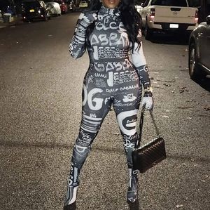 Dolce and Gabbana Graffiti Print Mock Neck Long Sleeve Jumpsuit